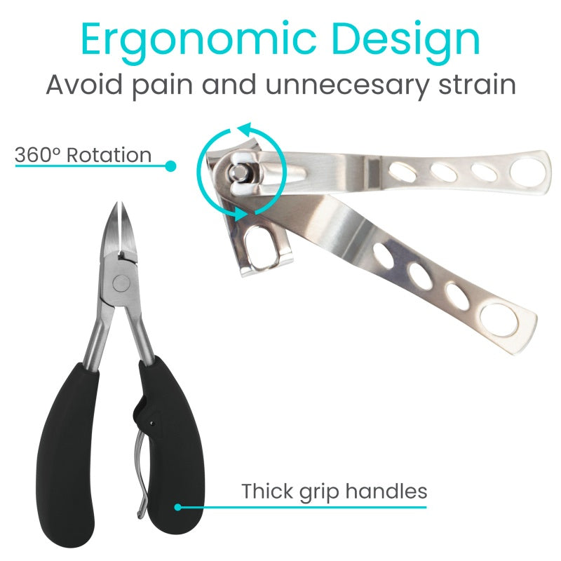 Metal nail clippers with ergonomic design features on a white background