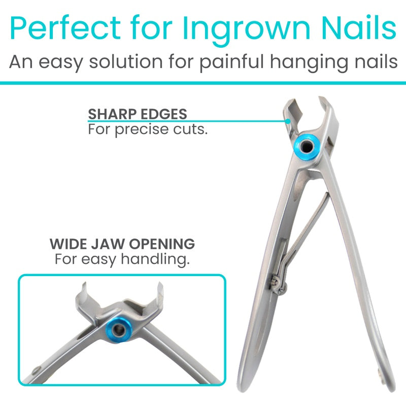 Nail clippers with text highlighting features for ingrown nails on a white background