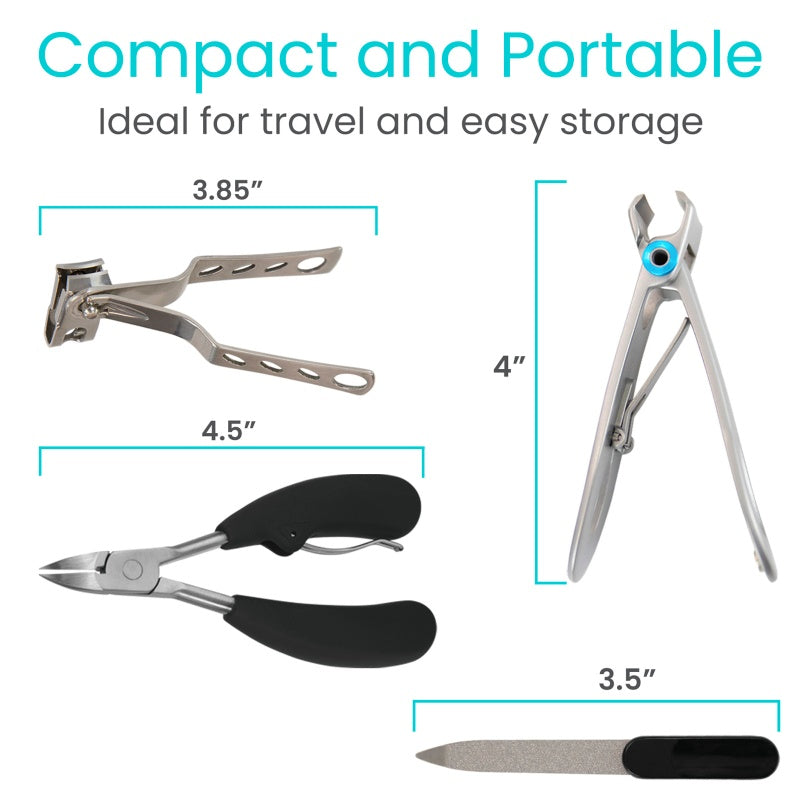 Set of compact nail care tools with measurements on a white background