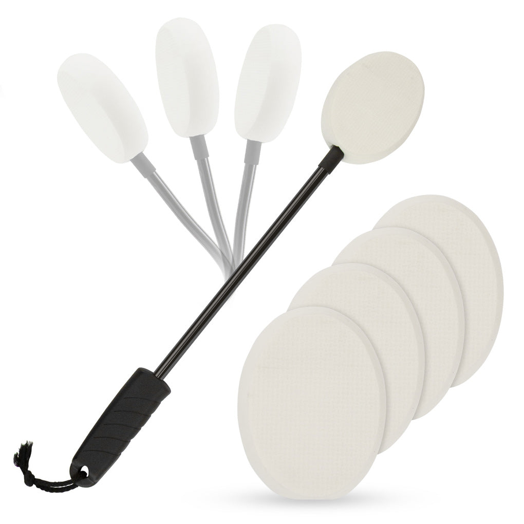 Set of white foam drumming mallets with a black handle on a white background