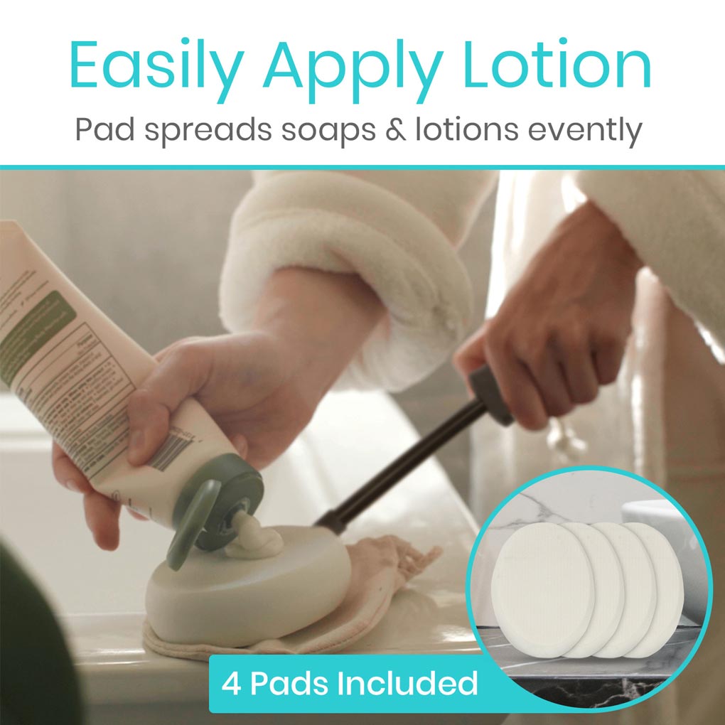 Person applying lotion with a applicator pad, showing ease of use and product packaging.