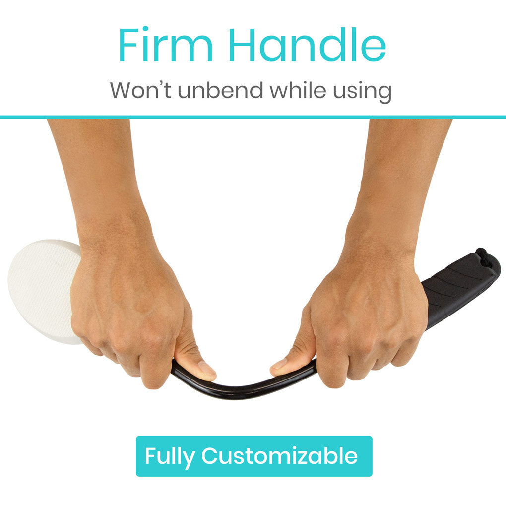 Two hands holding a firm handle with text indicating it won't un bend and is fully customizable.