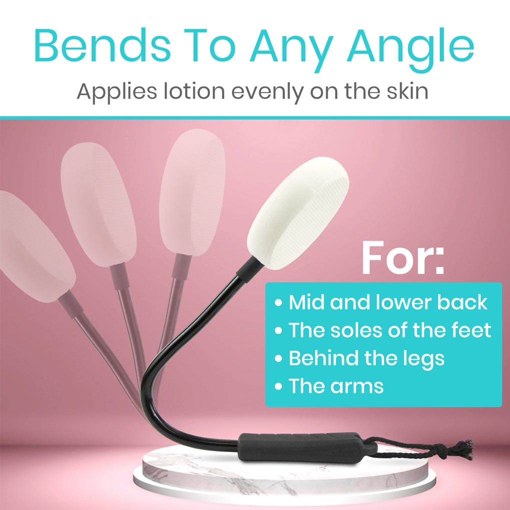 Lotion applicator with flexible arm on a pink background