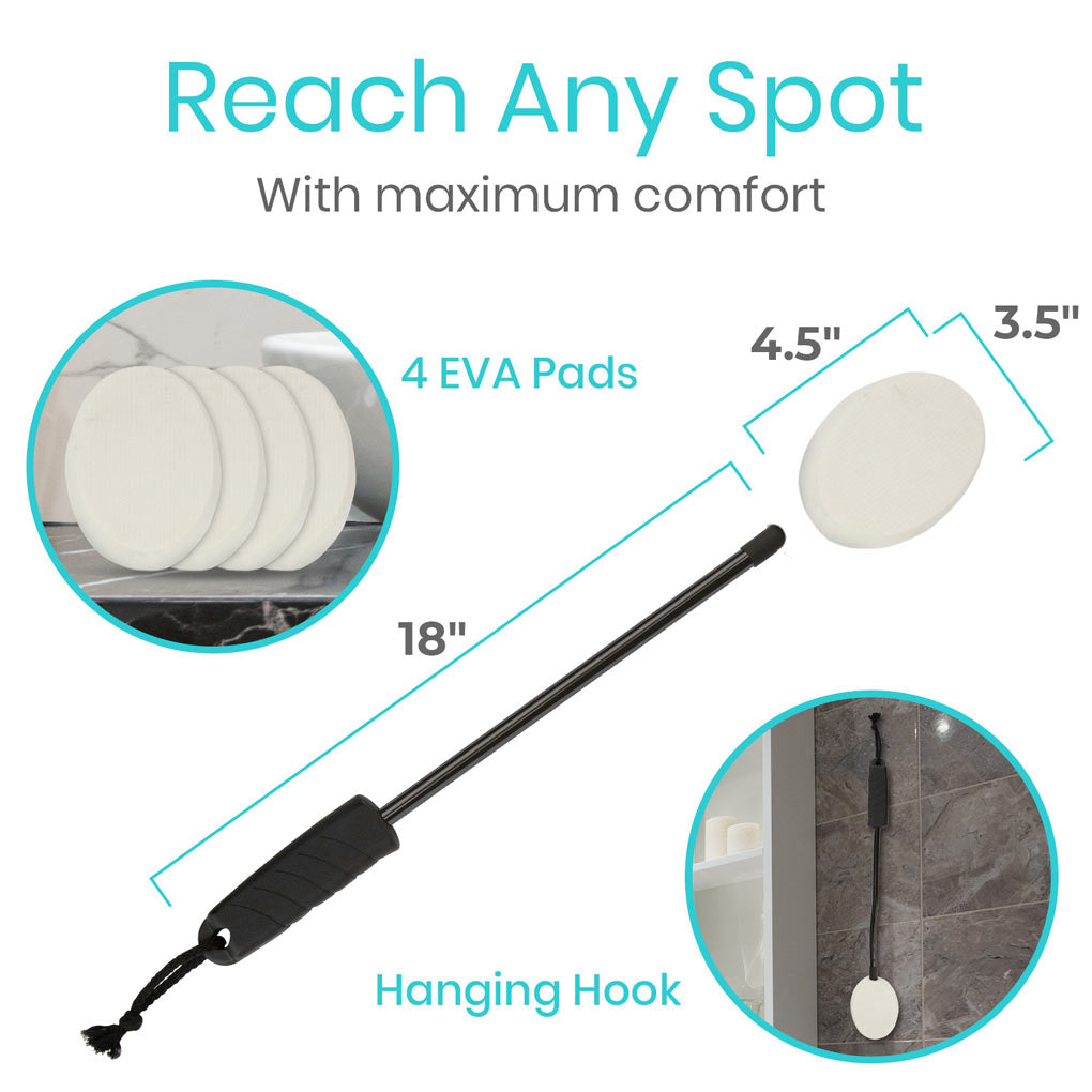 Cleaning tool with EVA pads and hanging hook, labeled 'Reach Any Spot With maximum comfort'.