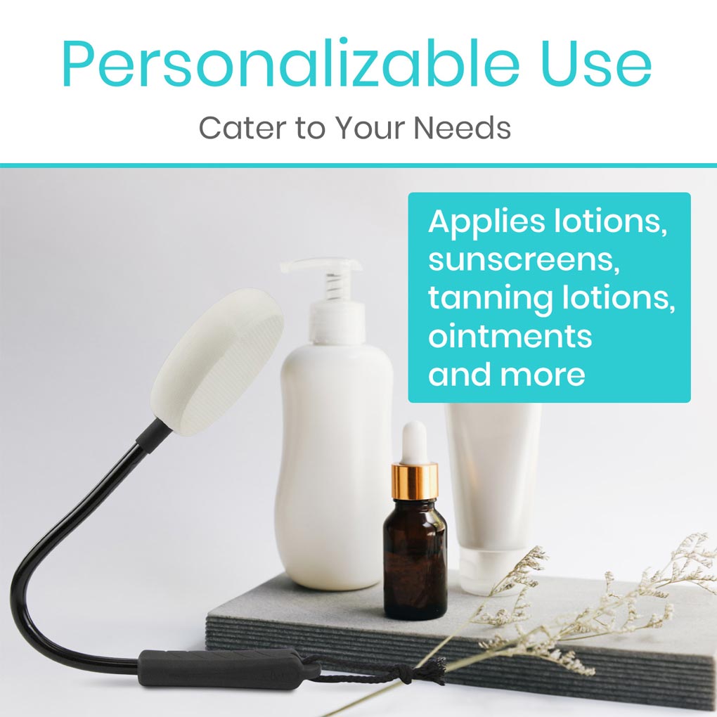 White applicator with black hose and brown bottle on a white background with text about personalizable use.