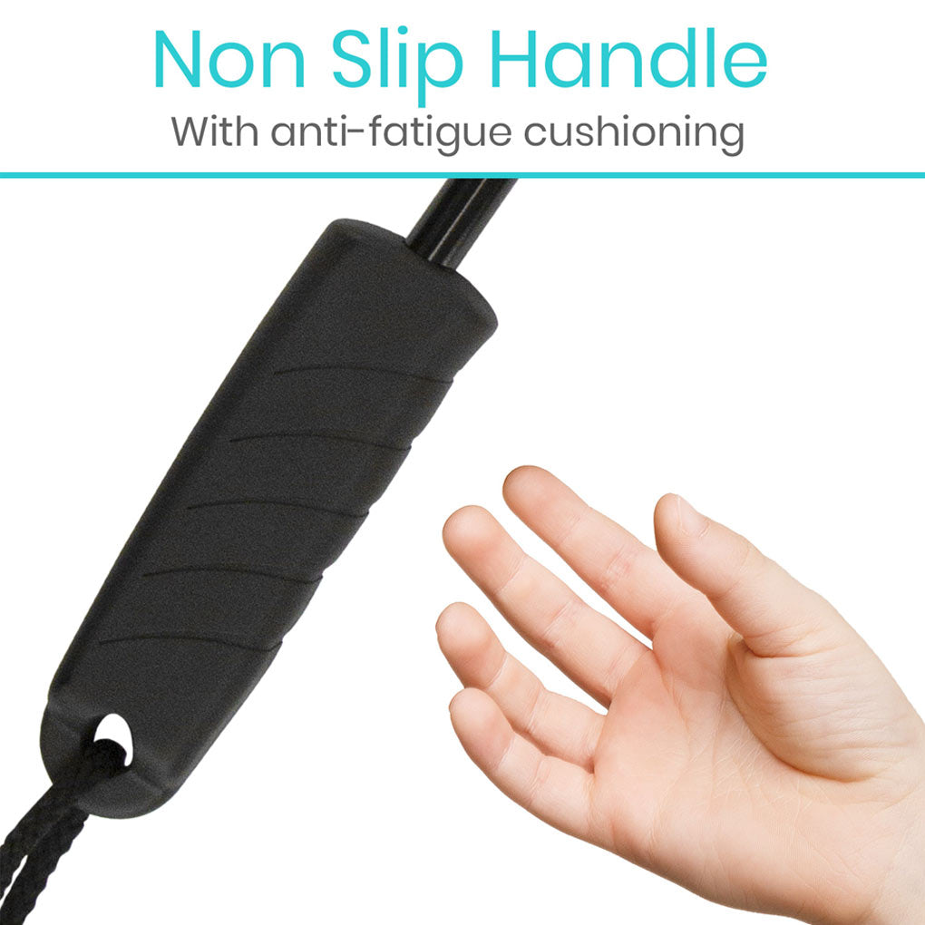 Black non-slip handle with anti-fatigue cushioning and a hand for scale on a white background.