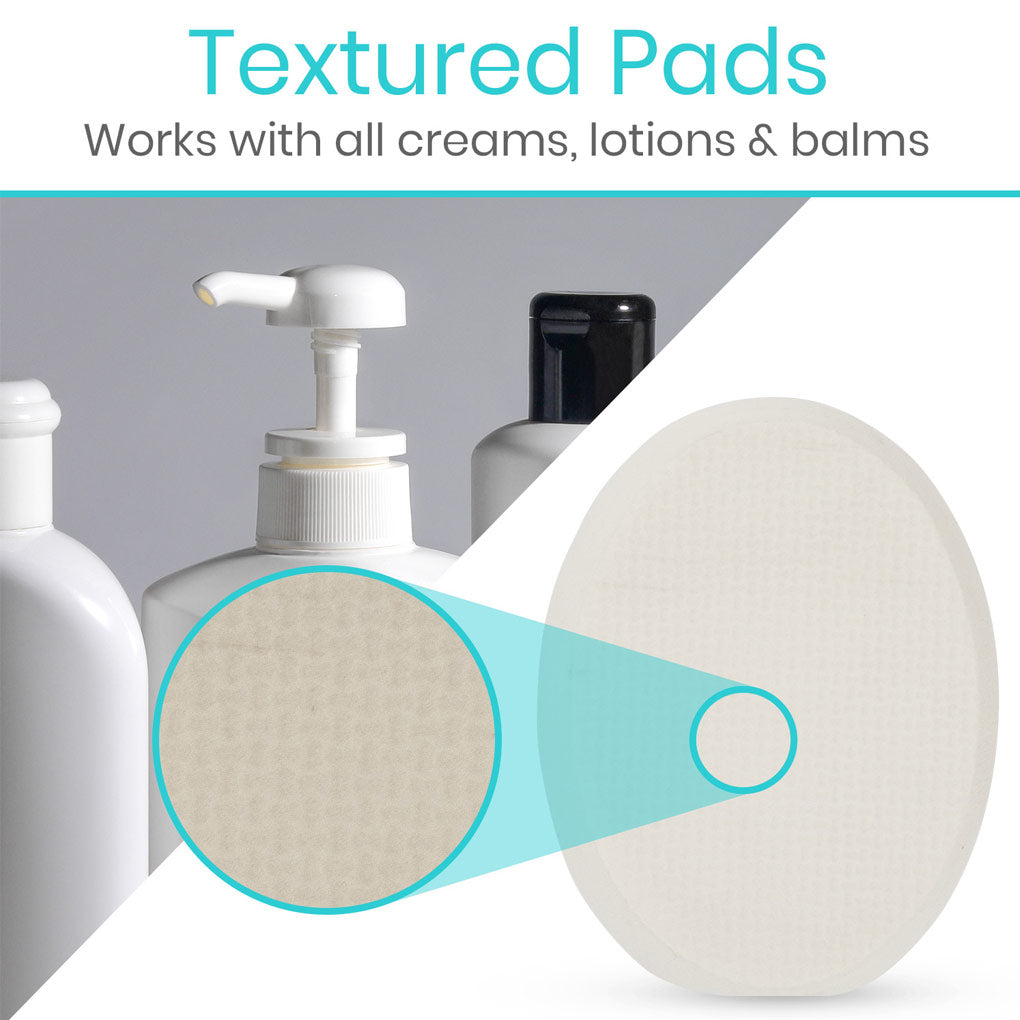 Textured pads for skincare products with a pump bottle and round container on a white background.