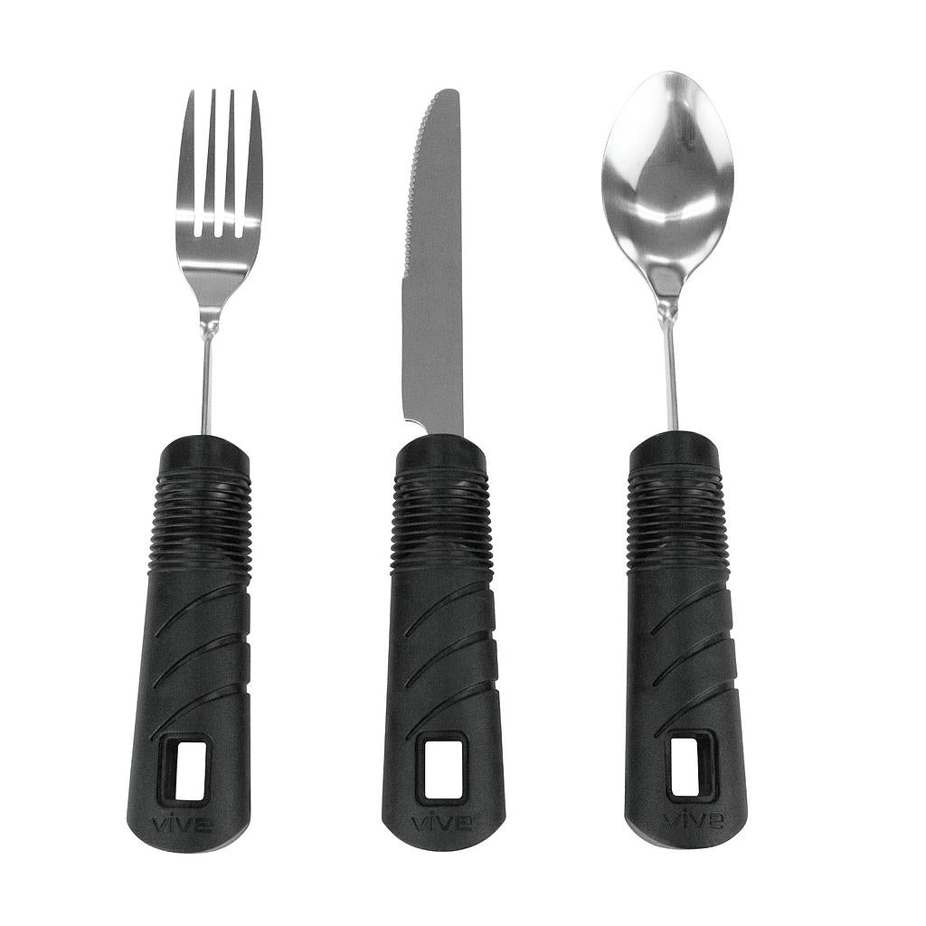 Set of black-handled cutlery including fork, knife, and spoon on a white background
