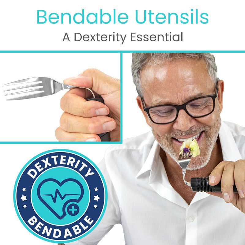 Man using bendable utensils with text 'Bendable Utensils: A Dexterity Essential' and 'Dexterity Bendable' logo.