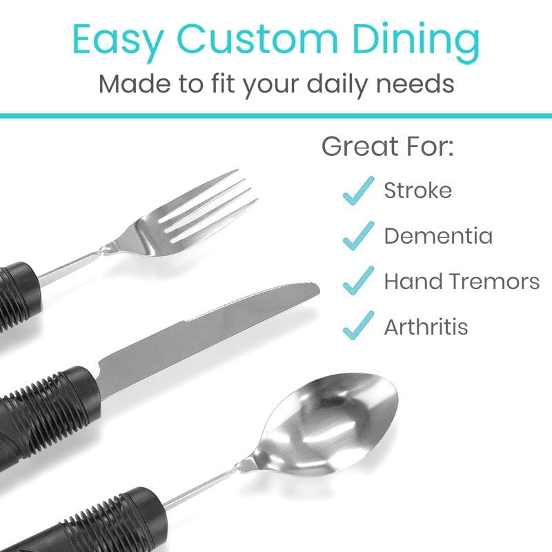 Dining utensils with adjustable handles on a white background, featuring text about ease of use for various conditions.