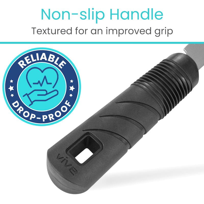 Black textured handle with 'Vive' branding and text about non-slip design and reliability.