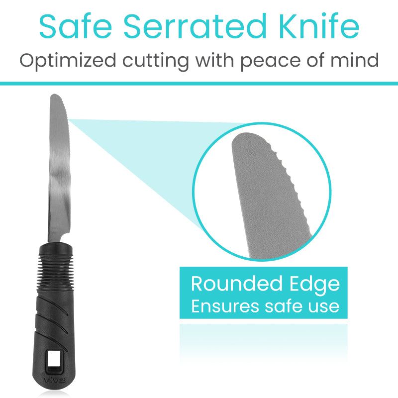 Safe serrated knife with rounded edge feature on a white background
