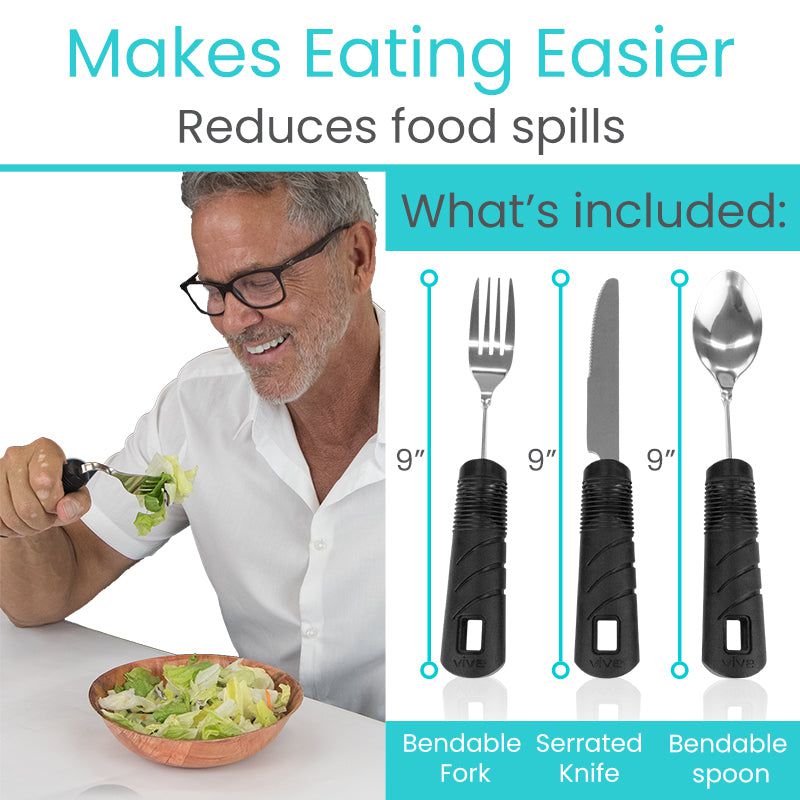 Man using a bendable fork with text highlighting ease of eating and product features.