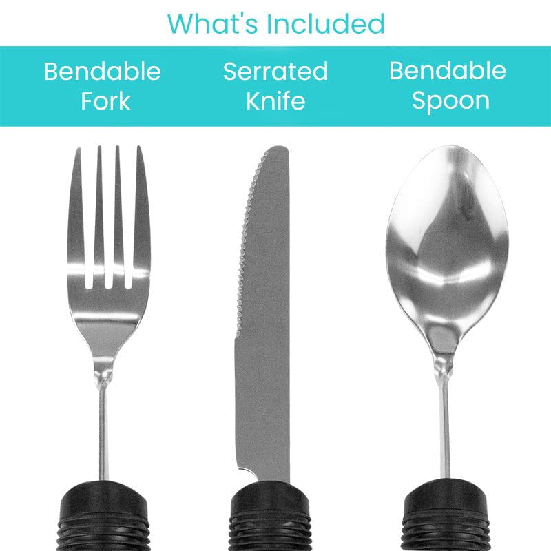 Three pieces of cutlery including a bendable fork, serrated knife, and bendable spoon on a white background.