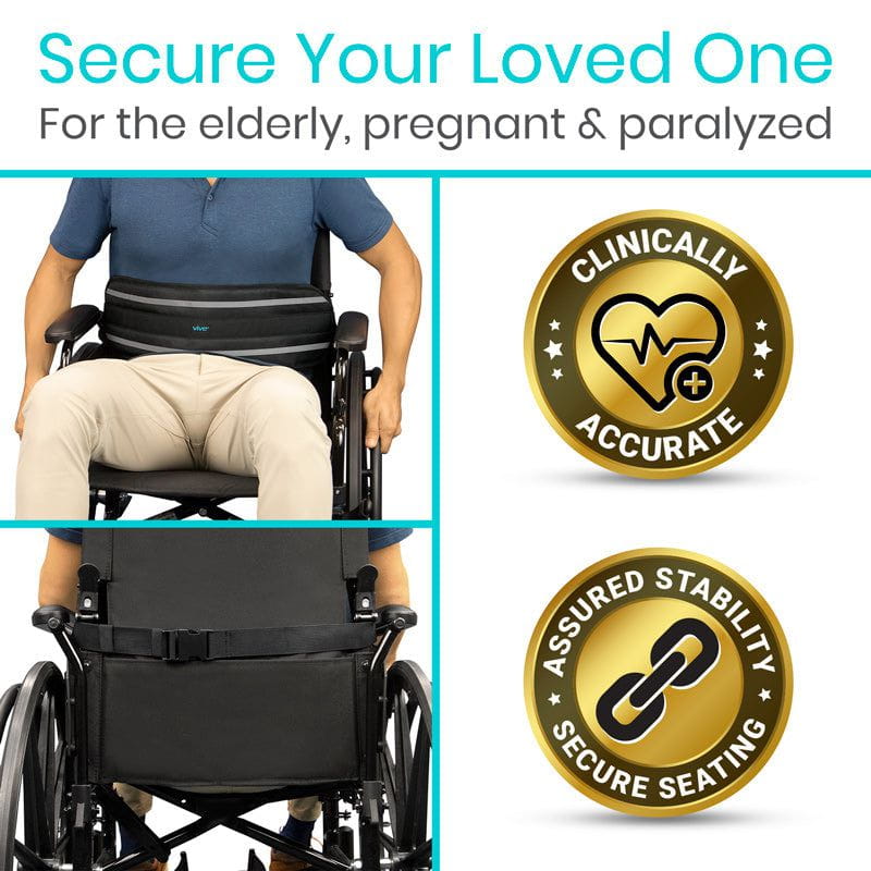 Person using a wheelchair with safety belts, accompanied by clinical accuracy and assured stability badges.