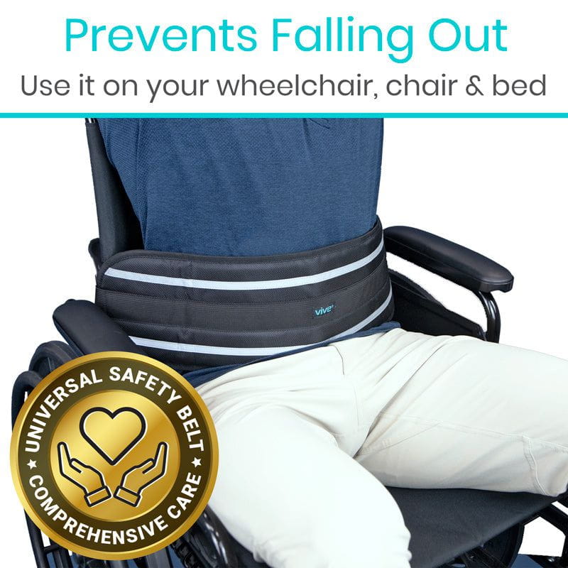 Universal safety belt being used on a wheelchair, chair, and bed with text indicating its use.