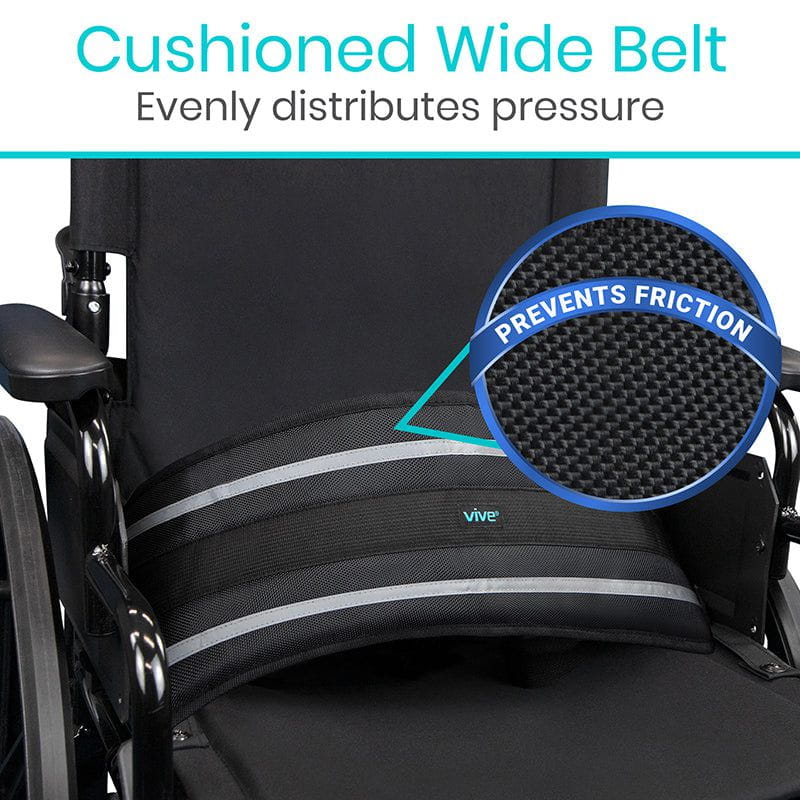 Wheelchair with a cushioned wide belt labeled 'Prevents Friction' by Vive.