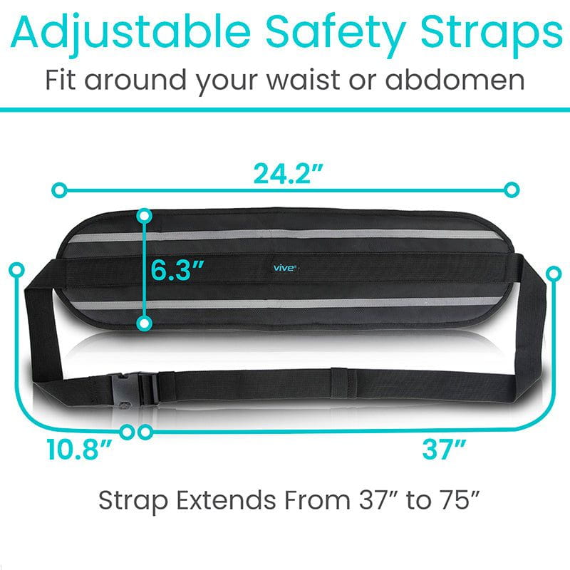 Black adjustable safety strap with measurements on a white background