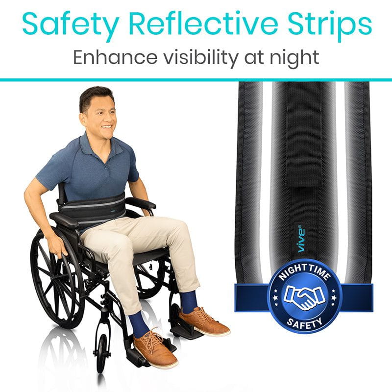 Man in a wheelchair with safety reflective strips highlighted, emphasizing nighttime safety.