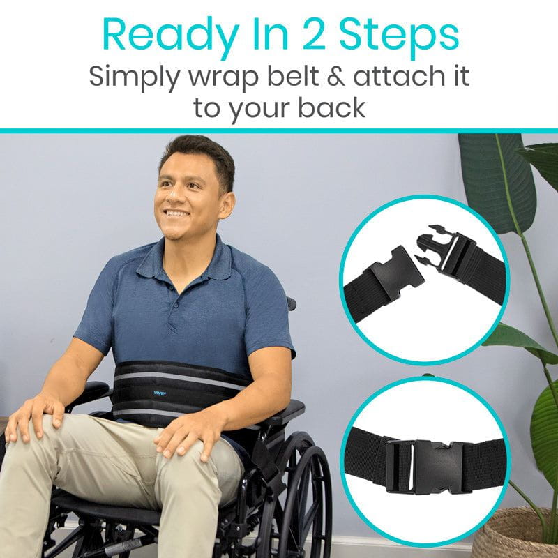 Man in a wheelchair with a belt around his back, accompanied by text and icons showing how to use the belt.
