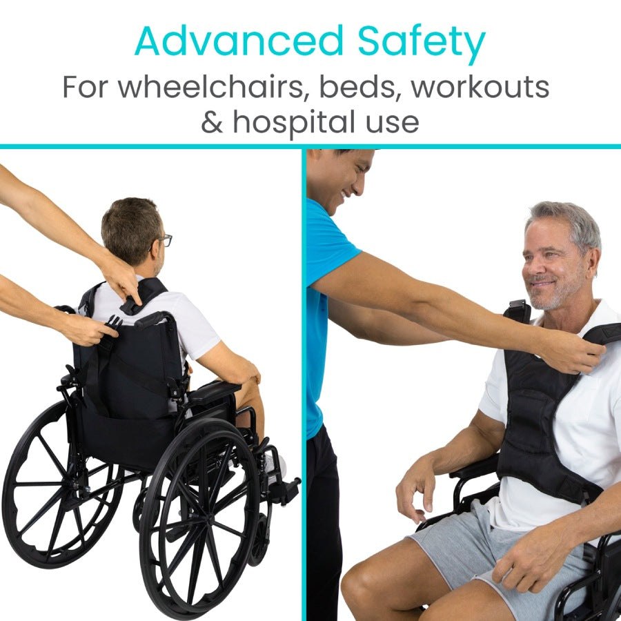 Two images showing a person using a wheelchair with safety equipment, labeled 'Advanced Safety for wheelchairs, beds, workouts & hospital use'.