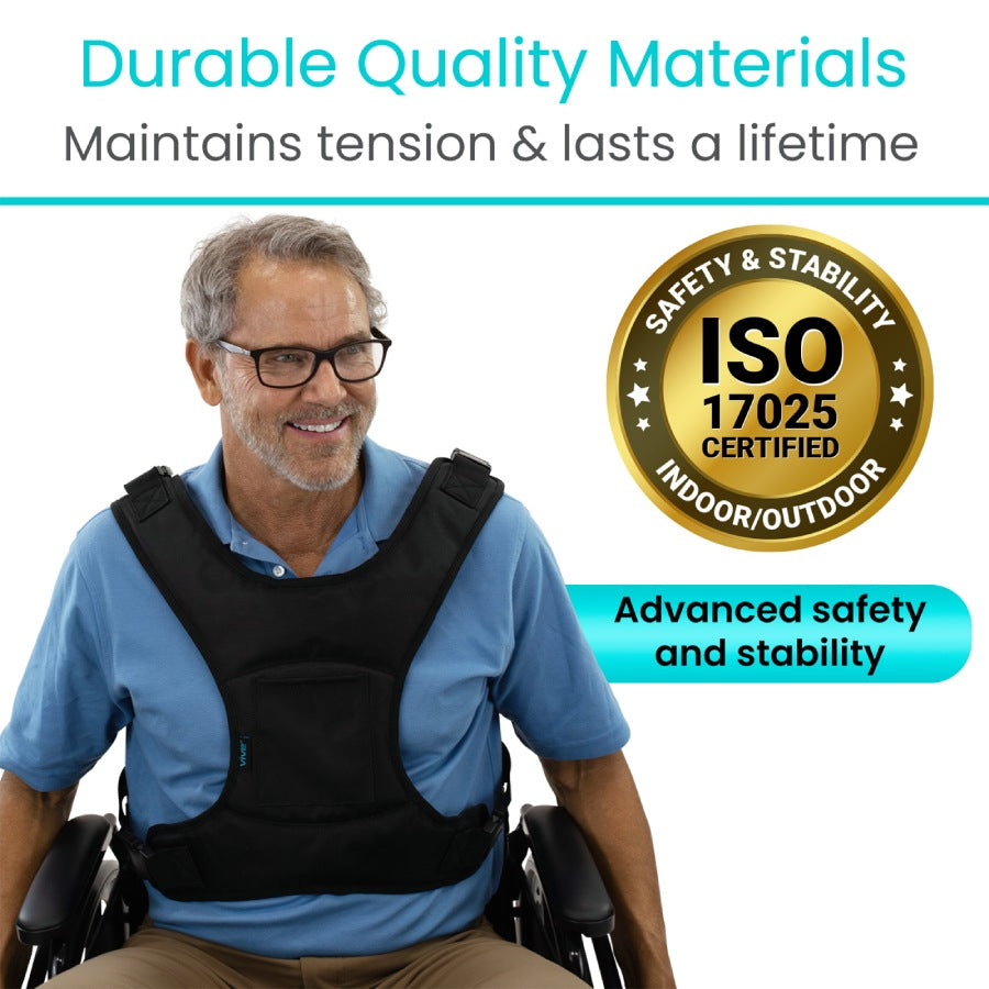 Man in a wheelchair wearing a black vest with text about durable quality materials and ISO certification.