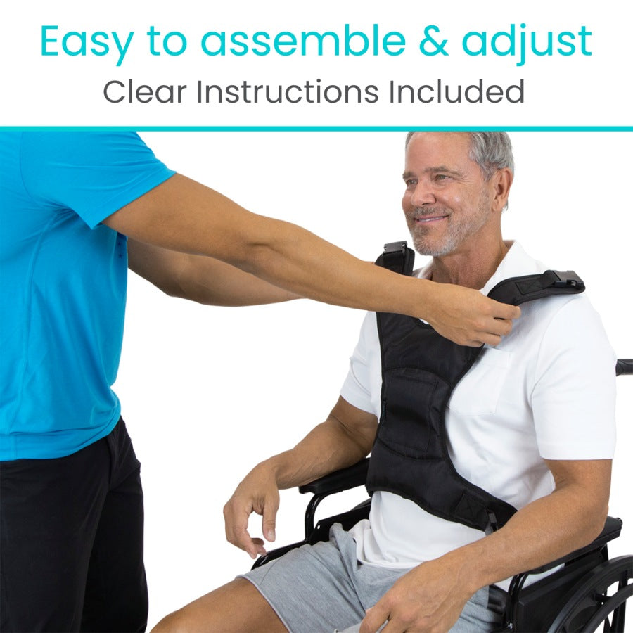 Person assisting a man in a wheelchair with a black vest, text 'Easy to assemble & adjust, Clear Instructions Included' above.