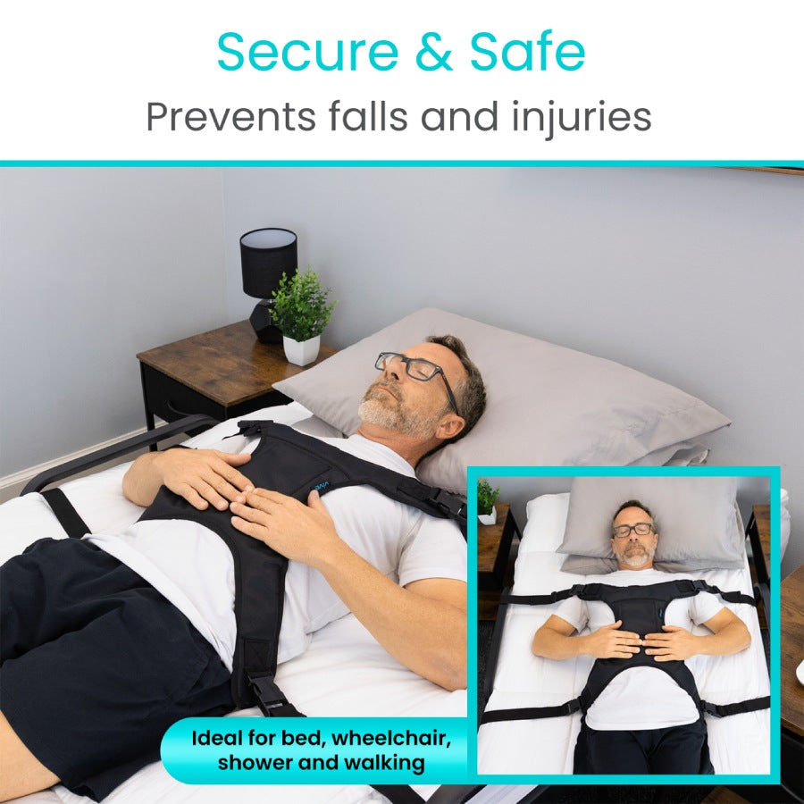 Man lying in bed with a safety harness, promoting security and safety.