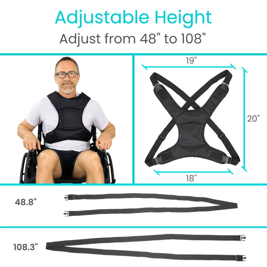 Adjustable height back brace with measurements and a man in a wheelchair wearing it.