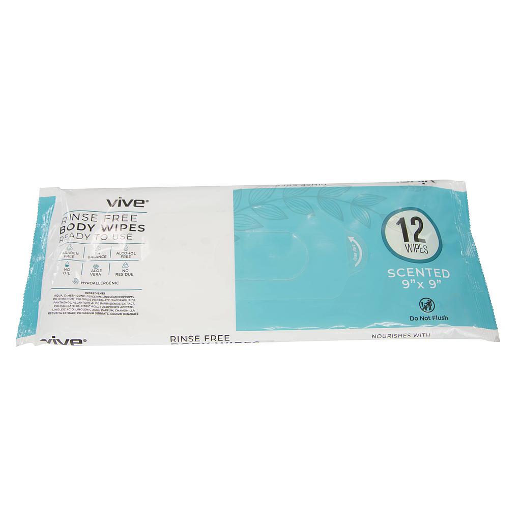 Package of Vive rinse-free body wipes on a white background