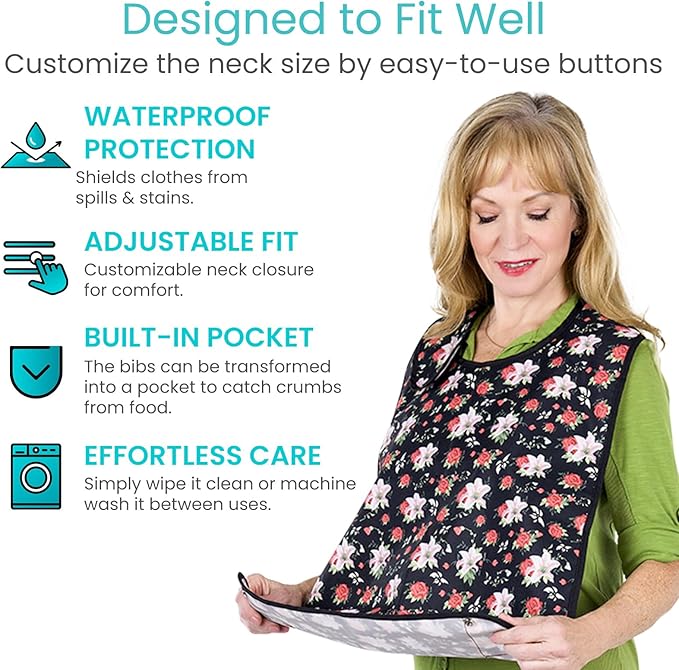 Woman wearing a floral bib with product features highlighted on a white background