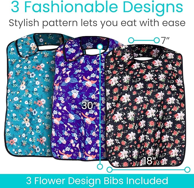Three floral-patterned bibs with measurements and text about their size and design.