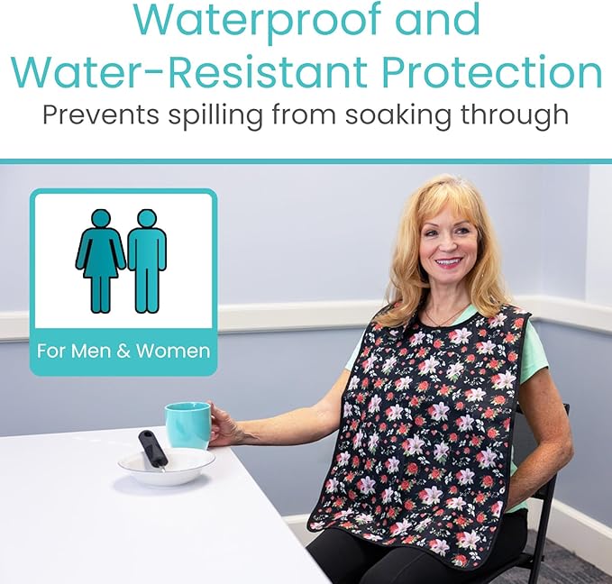 Woman wearing a floral apron sitting at a table with a cup and remote control, with text about waterproof and water-resistant protection.