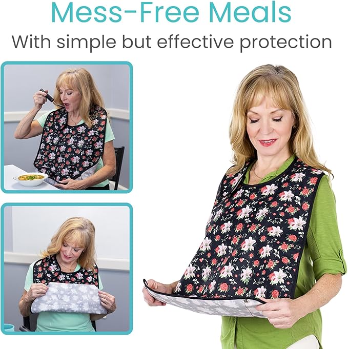 Woman wearing a floral bib with text 'Mess-Free Meals' and 'simple but effective protection'.