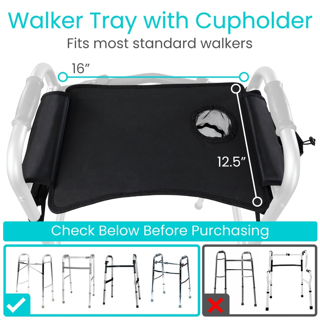 Walker tray with cupholder and measurements on a white background