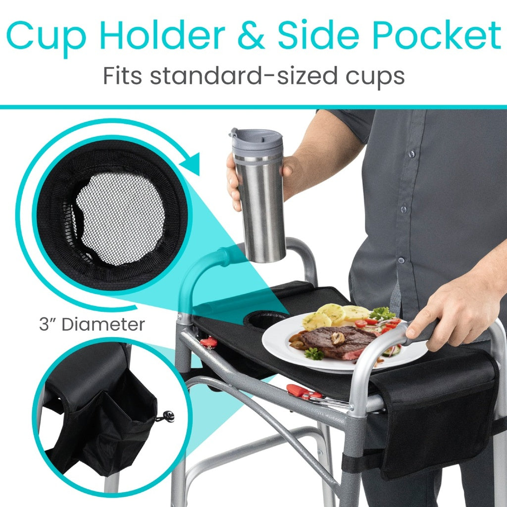 Cup holder and side pocket feature on a walker with a person using it to hold a plate of food and a cup.