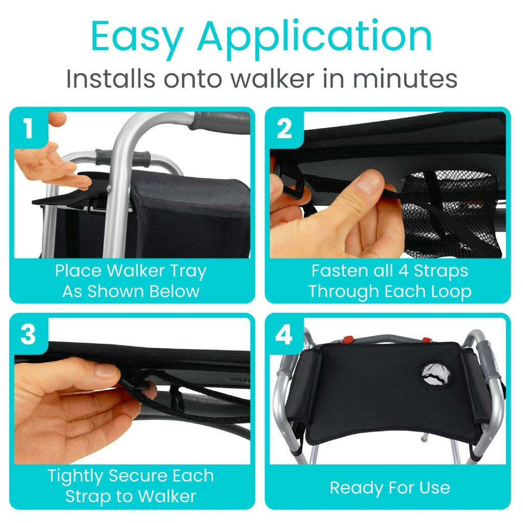 Step-by-step guide on how to install a walker tray with text and images.