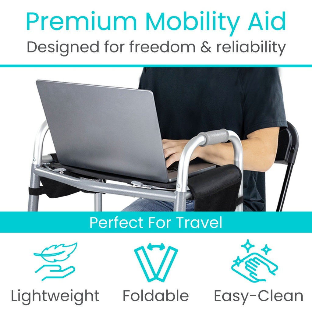 Mobility aid with a laptop, designed for freedom and reliability, perfect for travel.