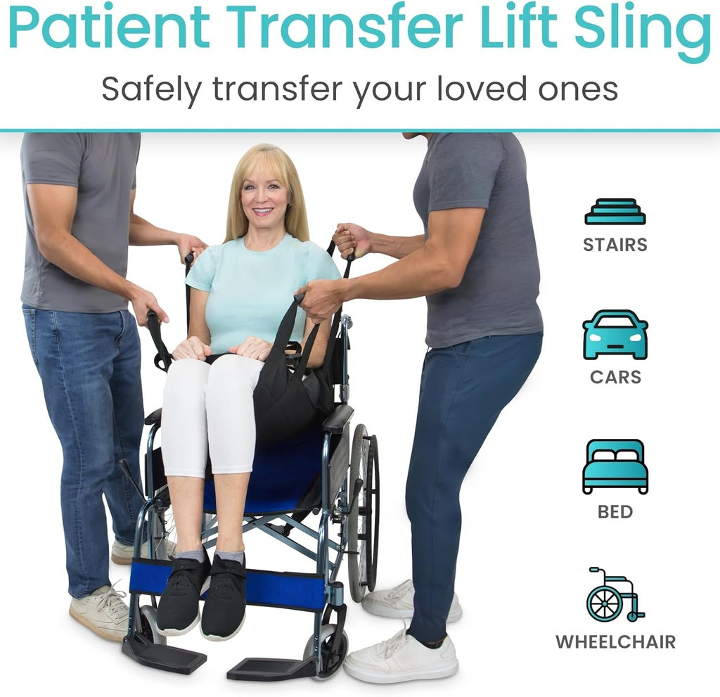 Patient transfer lift sling being used to safely transfer a person from a wheelchair.