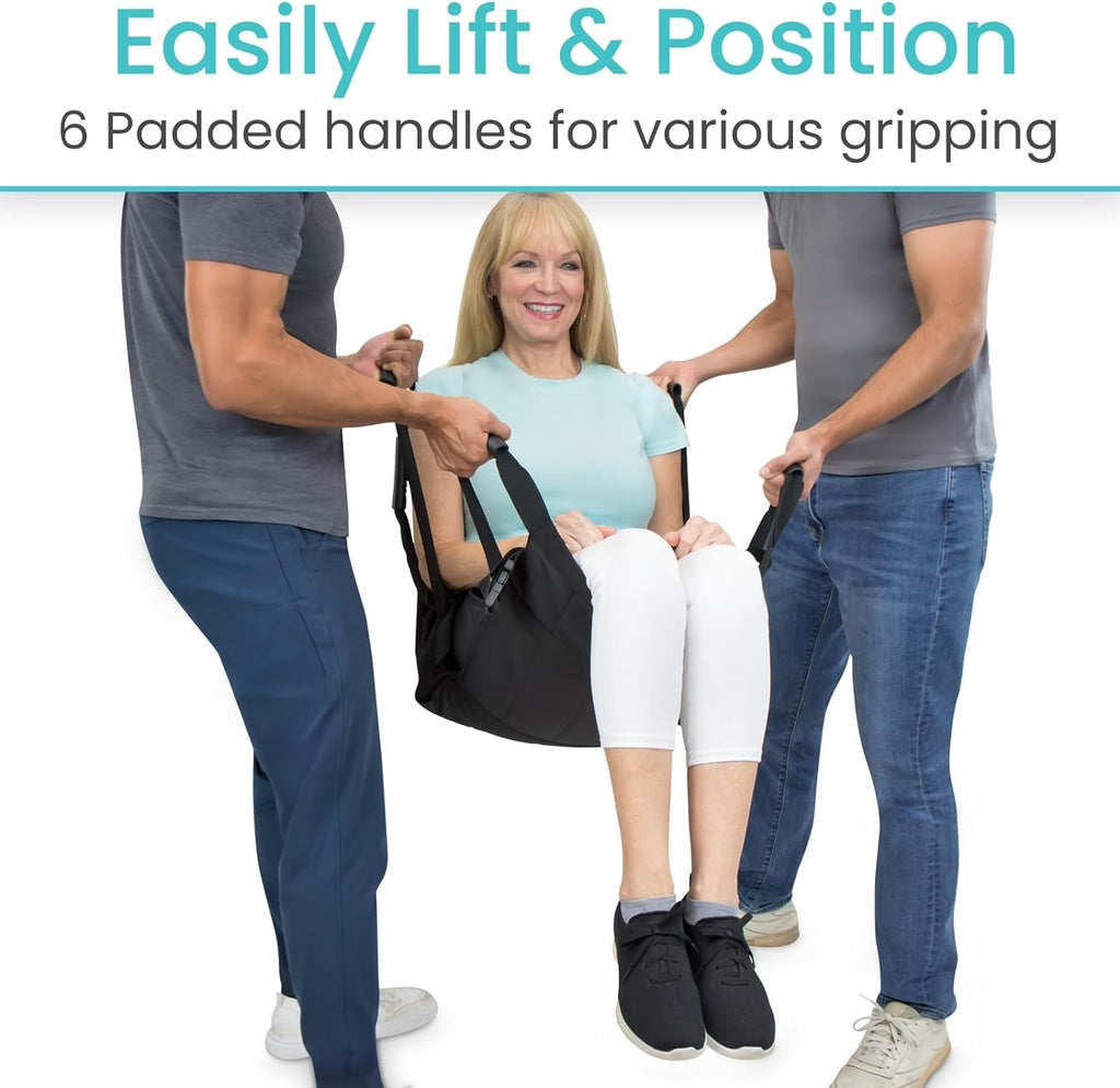 Two people lifting a woman using a black lifting aid with text about padded handles.