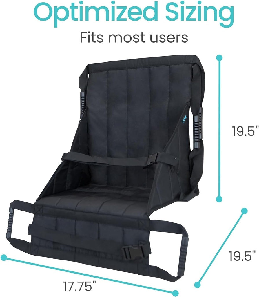 Black seat cushion with measurements on a white background