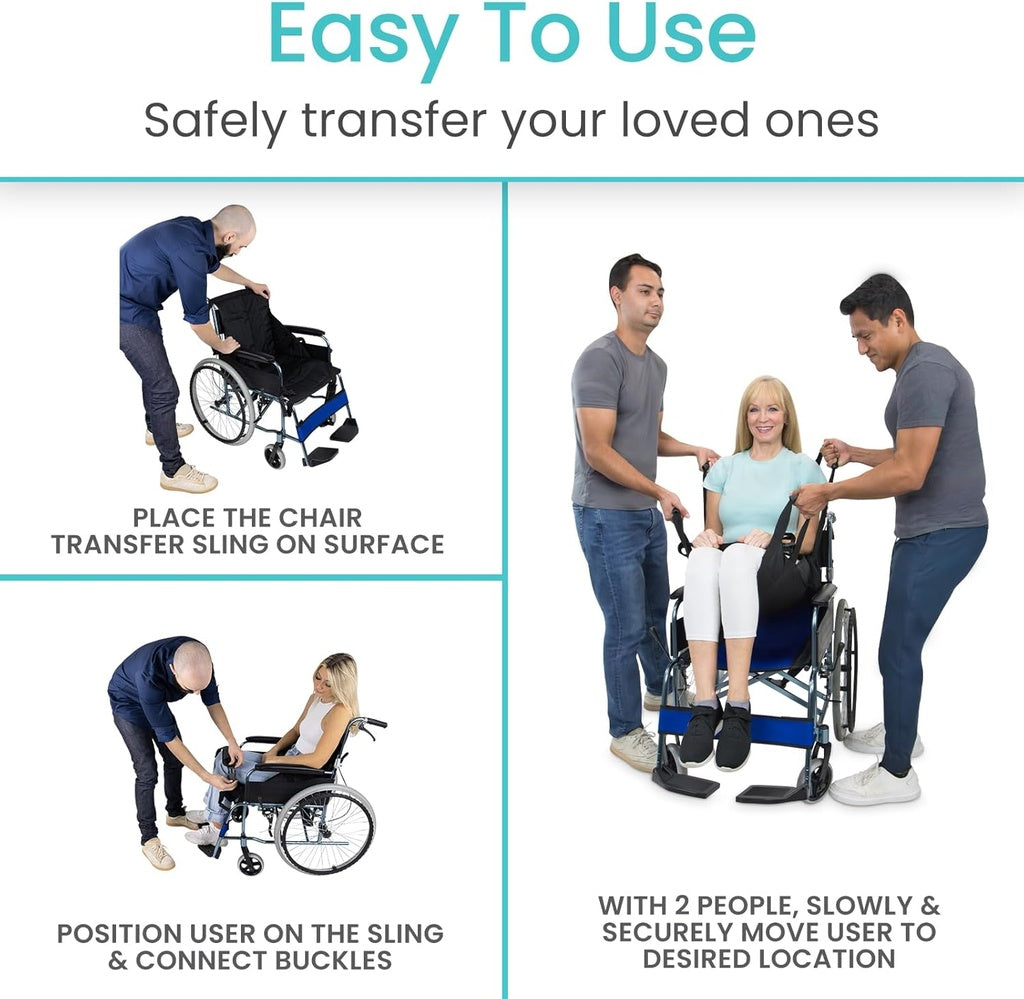 Product demonstration of a wheelchair transfer sling with step-by-step instructions.