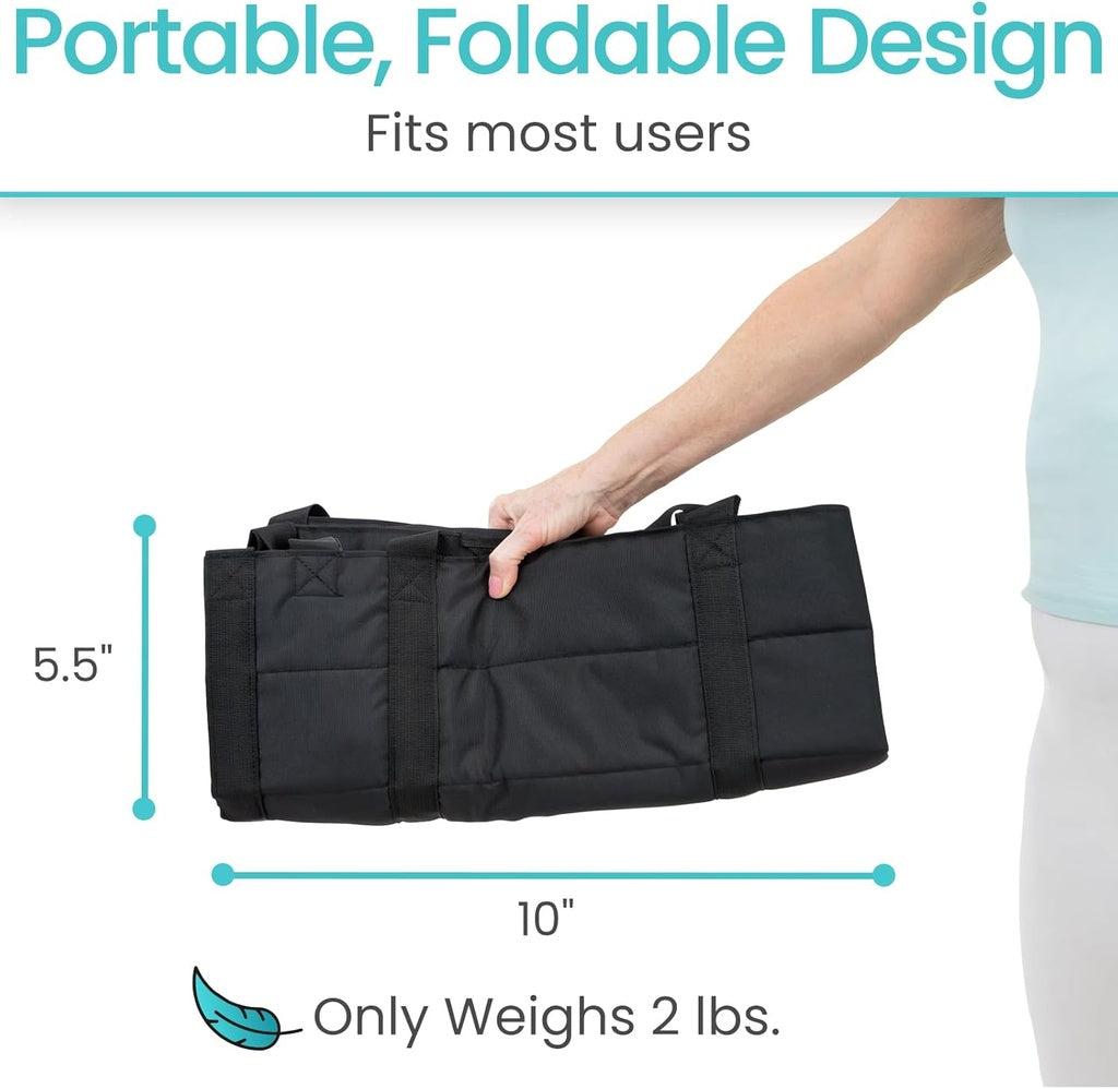 Black portable folding bag held by a person with measurements and weight information on a white background.