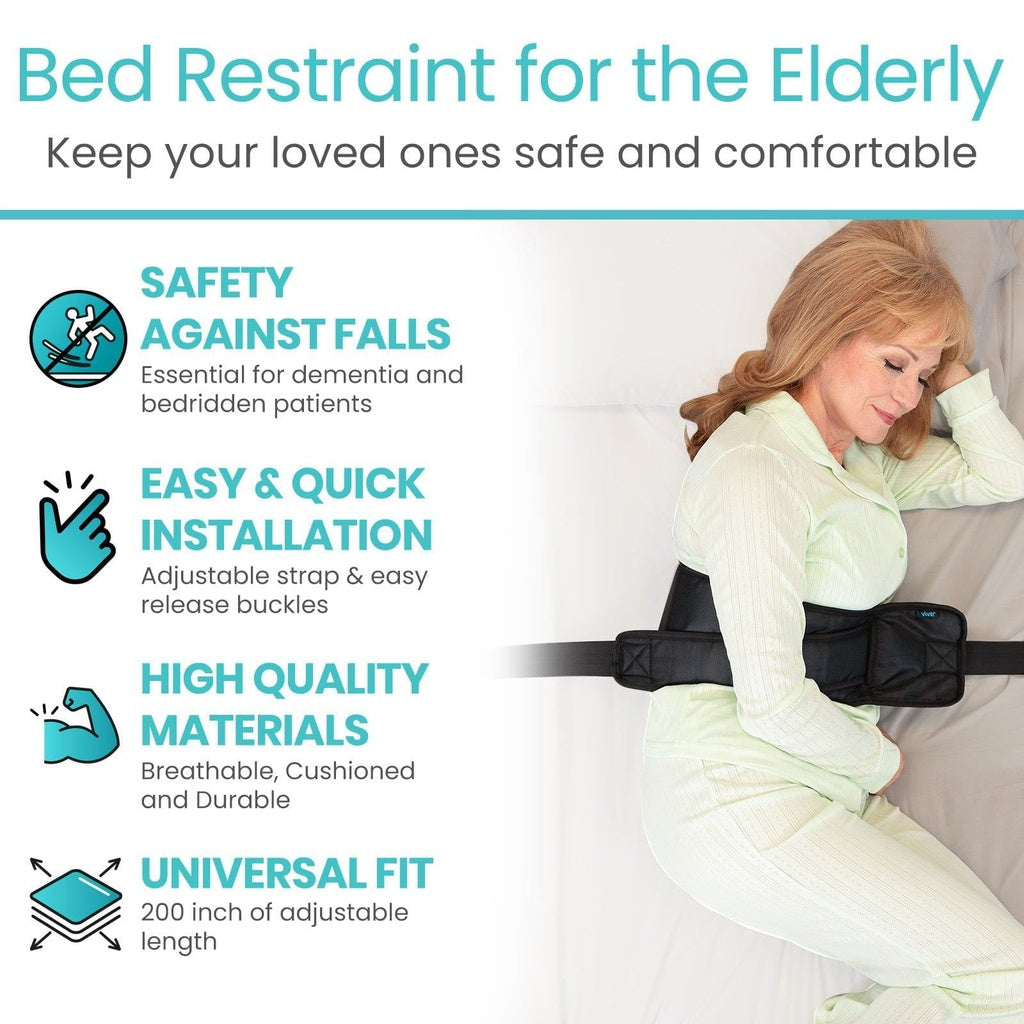 Bed restraint for the elderly with features listed on a white background