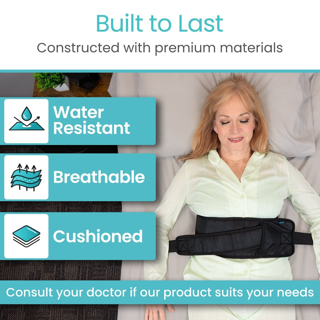 Woman wearing a black waist support belt with product features highlighted on a white background.