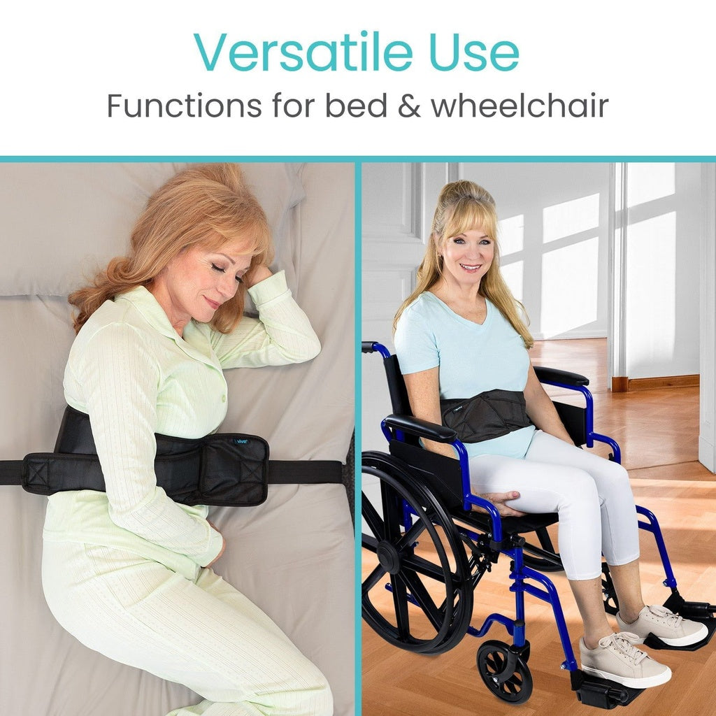 Woman using a support belt in bed and then sitting in a wheelchair, with text 'Versatile Use Functions for bed & wheelchair'.