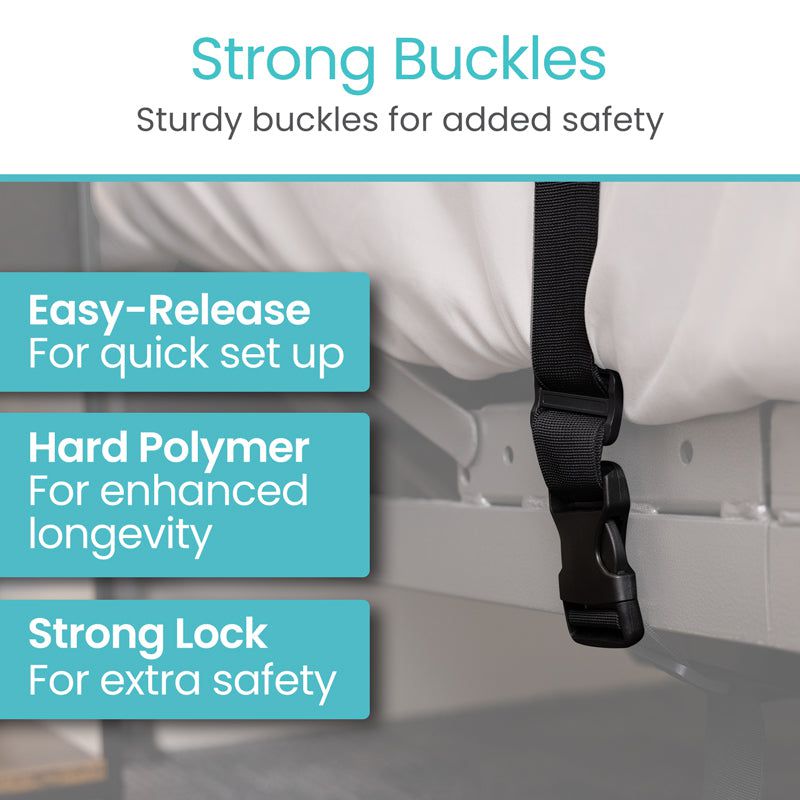 Strong buckles with text highlighting features on a product background