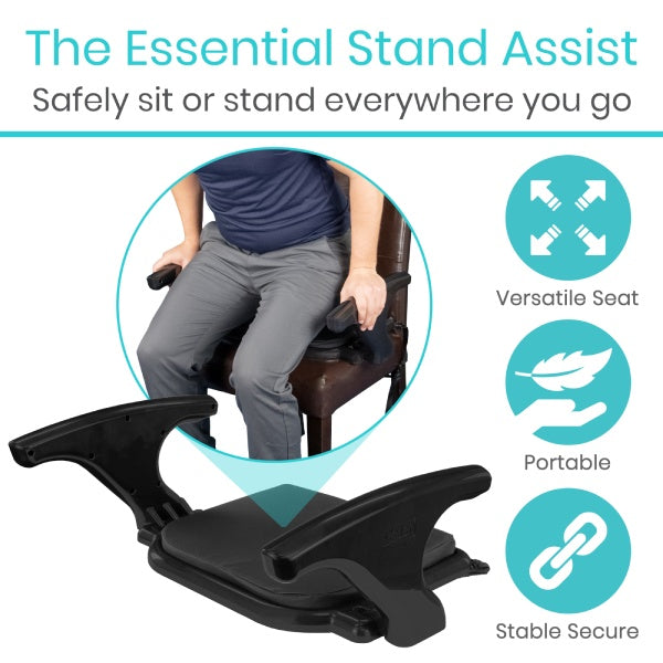Product advertisement for 'The Essential Stand Assist' with a person using it, text, and icons on a white background.