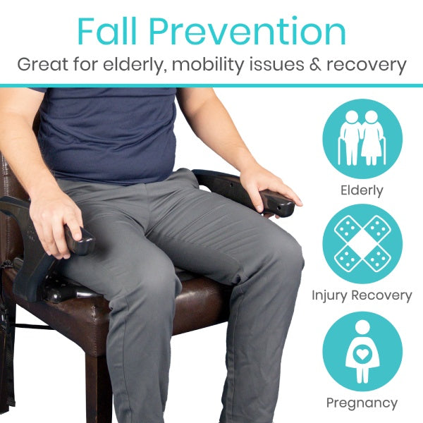Person using a chair with fall prevention features, targeting elderly, mobility issues, and recovery.