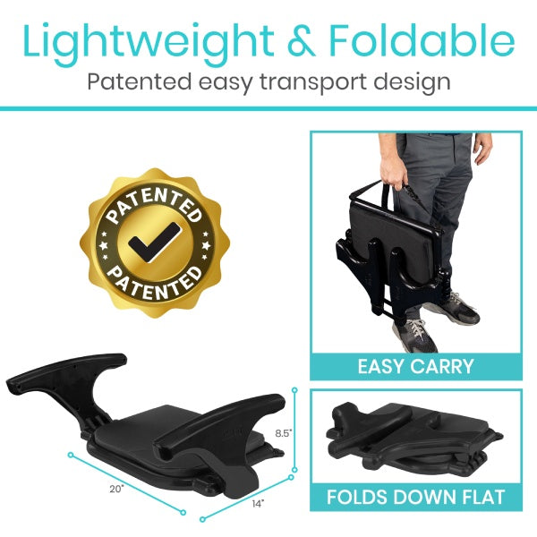 Lightweight and foldable product with patented design, ease of transport features, and dimensions.
